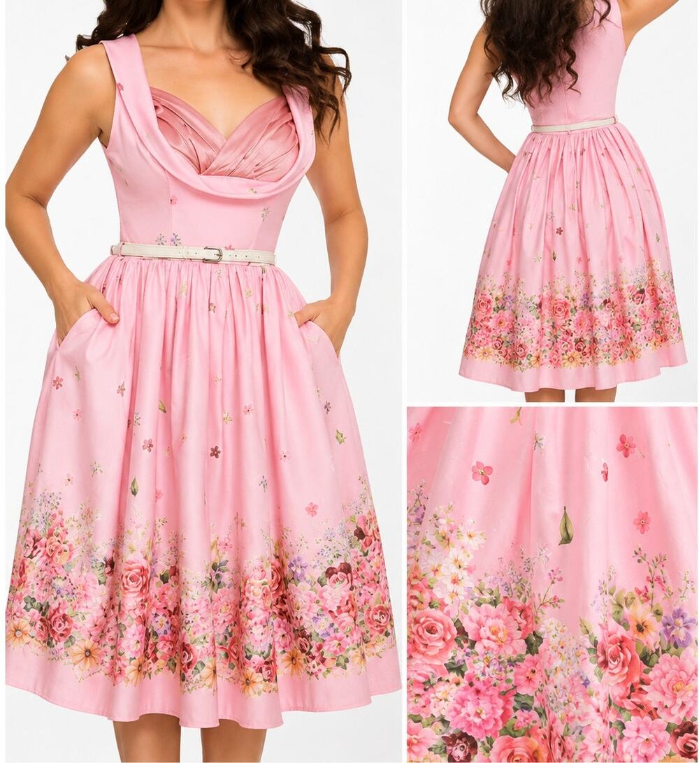 Lindy Bop Ophelia Fit & Flare Dress Sz 10 Pink Floral Border Sweetheart Neck